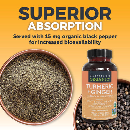 Viva Naturals Turmeric and Ginger Supplement with Black Pepper for Better Absorption - Organic Turmeric Curcumin to Support Joint, Heart and Digestive Health, Non-GMO - 120 Tablets