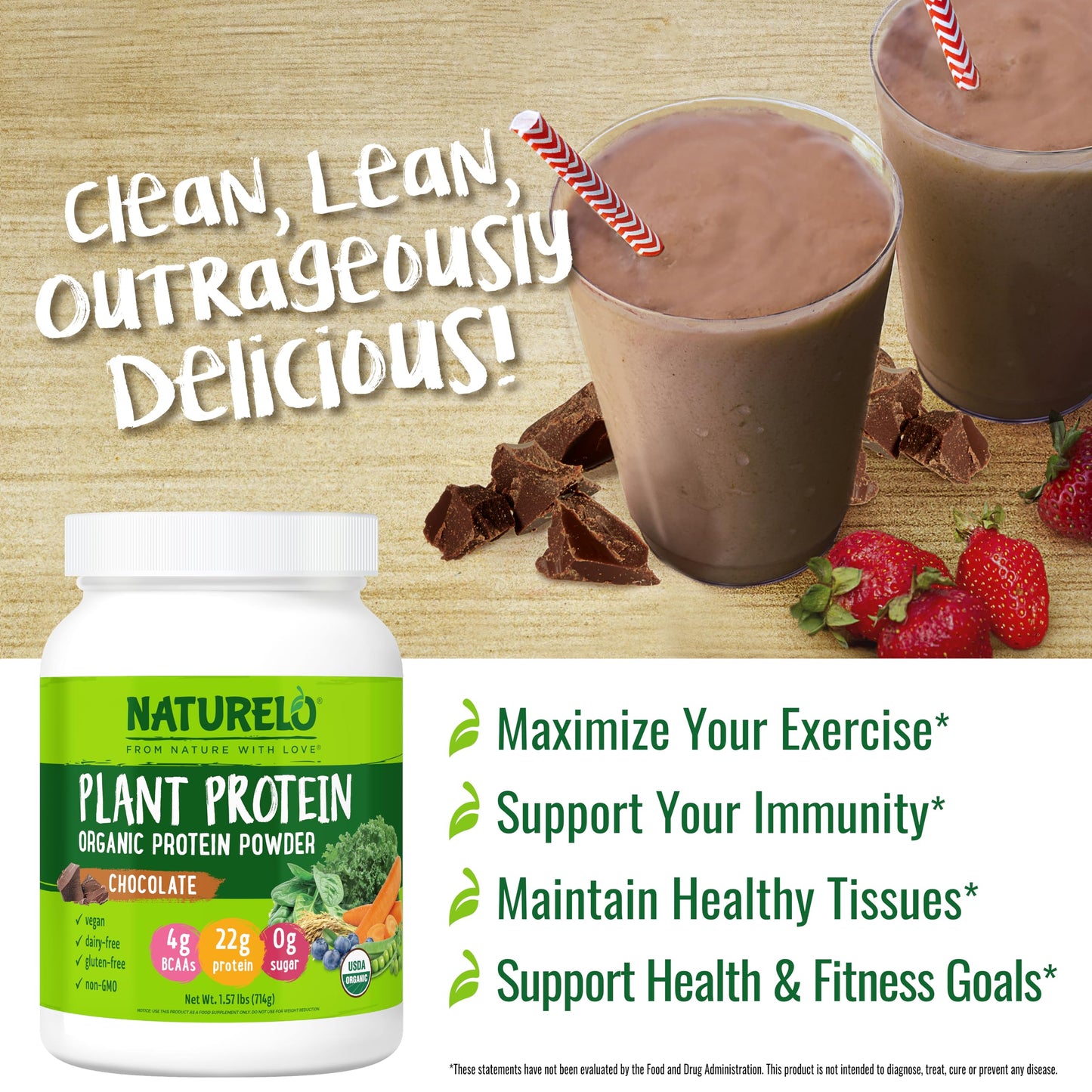 NATURELO Plant Protein Powder, Vanilla, 22g Protein - Non-GMO, Vegan, No Gluten, Dairy, or Soy - No Artificial Flavors, Synthetic Coloring, Preservatives, or Additives - 20 Servings