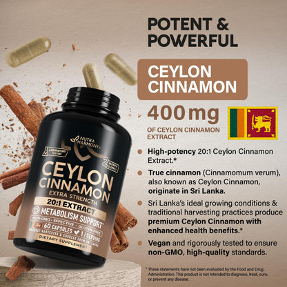 Ceylon Cinnamon Capsules - Extra Strength - Energy Heart & Metabolism Support for Men & Women - Pure Natural Cinnamon 20:1 Extract Supplement - GMO & Gluten Free - Lab Tested - 60 Capsules 2 Month