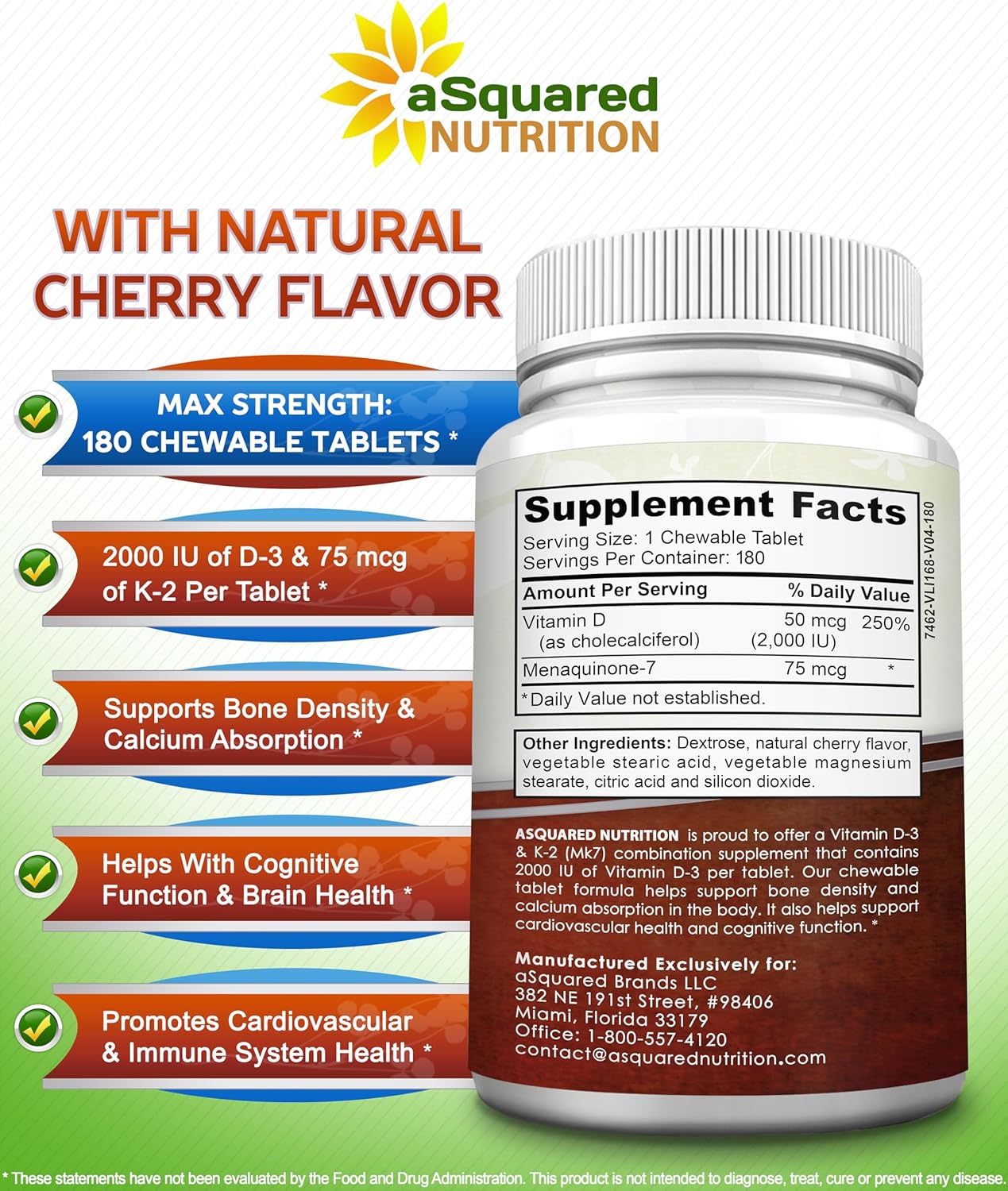 Vitamin D3 with K2 Supplement - 180 Chewable Tablets: Vit D-3 2000 IU & K-2 | Max Strength D3 K2 - Pure D-3 Cholecalciferol & K-2 MK7 to Support Healthy Bones, Teeth, Heart - Antioxidant Energy Formula
