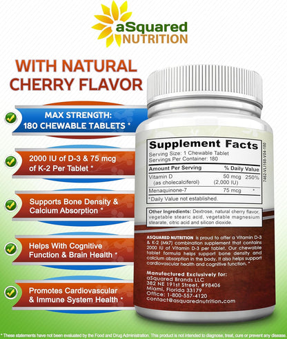 Vitamin D3 with K2 Supplement - 180 Chewable Tablets: Vit D-3 2000 IU & K-2 | Max Strength D3 K2 - Pure D-3 Cholecalciferol & K-2 MK7 to Support Healthy Bones, Teeth, Heart - Antioxidant Energy Formula