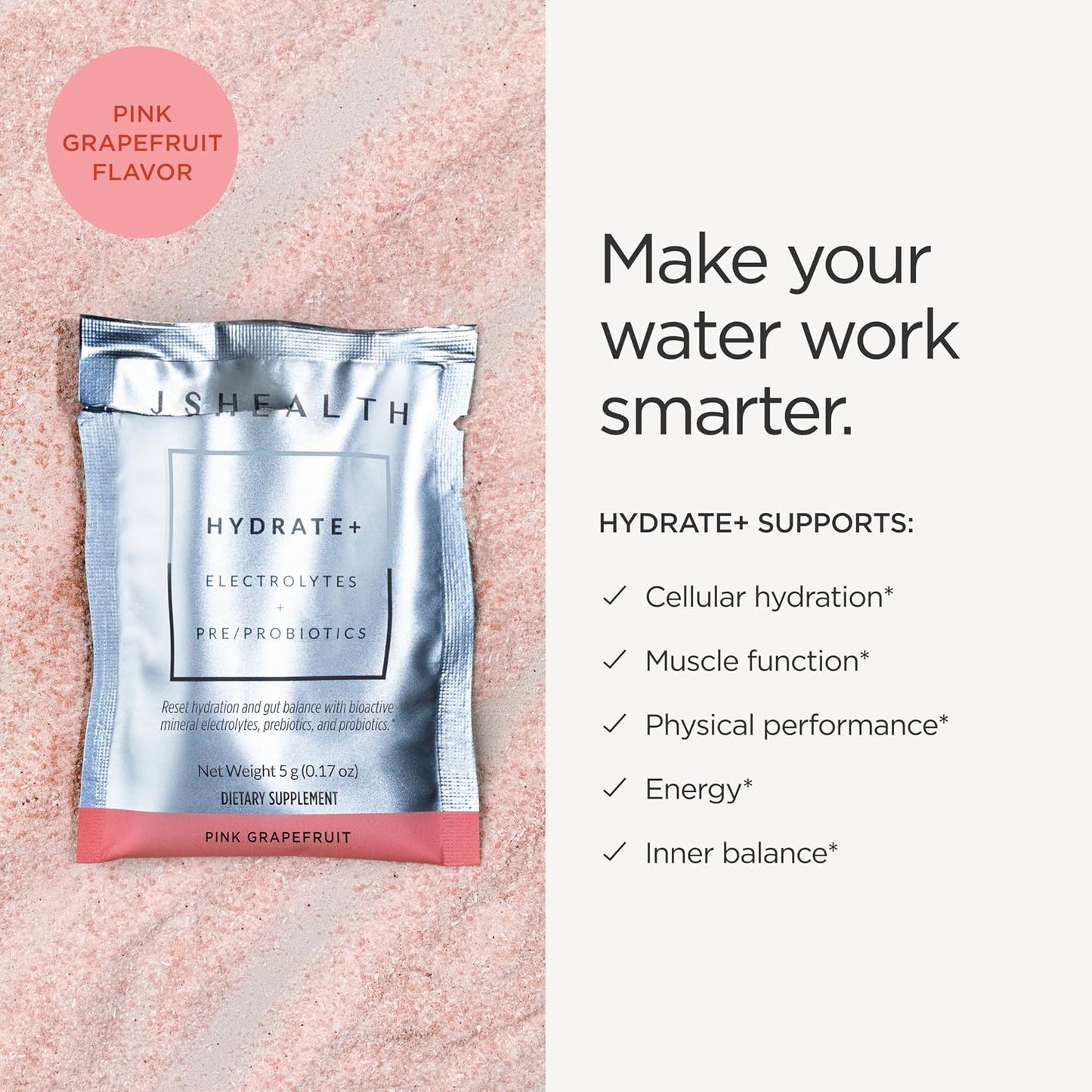 JSHealth Vitamins Hydrate+ Electrolyte Powder Packets for Women with Probiotics – Nutritionist Formulated by Jessica Sepel – Hydration Drink Mix – Pink Grapefruit, 15 Sticks