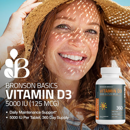 Bronson Vitamin D3 5000iu (125mcg) Non-GMO Gluten-Free Soy-Free 360 Tablets | Immune, Bone, Joint, Breast, Heart, and Colon Health Supplement