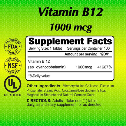 ALFA VITAMINS Vitamin B12 1000 Mcg 100 Tablets. Immune System. Nerves and Brain Health. Metabolism