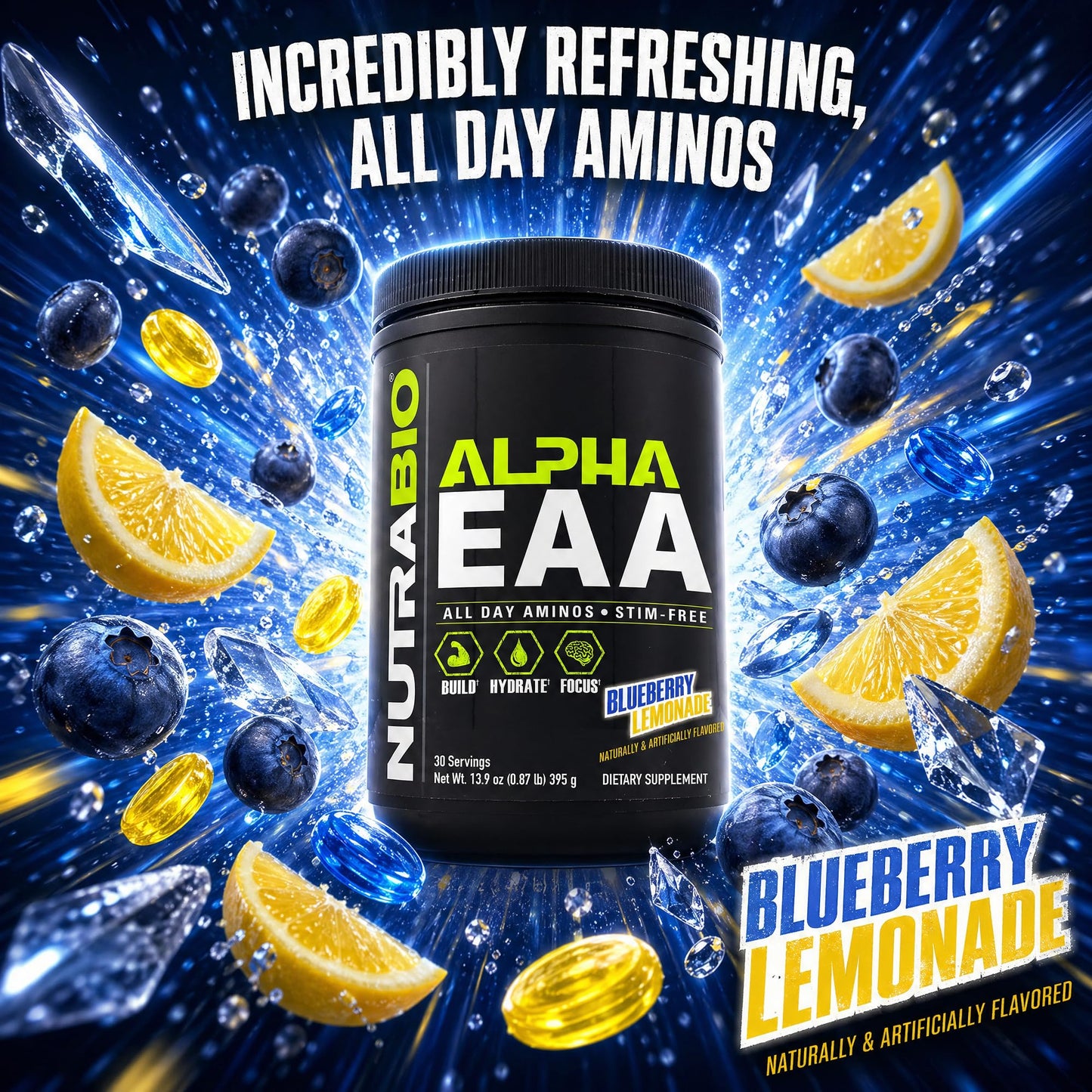 NutraBio Alpha EAA - All-Day Amino Acids for Muscle Growth and Hydration - Essential Amino Acids with Nootropics & Adaptogens- Full Spectrum EAA BCAA Powder - 30 Servings - Strawberry Lemon