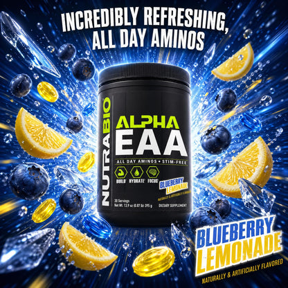 NutraBio Alpha EAA - All-Day Amino Acids for Muscle Growth and Hydration - Essential Amino Acids with Nootropics & Adaptogens- Full Spectrum EAA BCAA Powder - 30 Servings - Strawberry Lemon