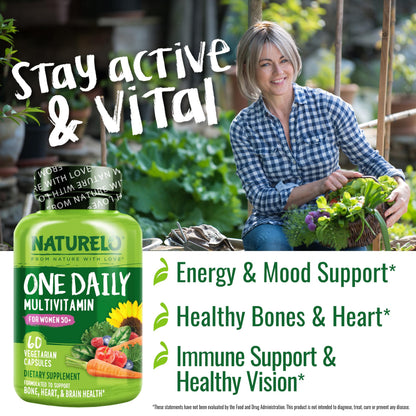 NATURELO One Daily Multivitamin for Women 50+ (Iron Free) - Menopause Support for Women Over 50 - Whole Food Supplement - Non-GMO - No Soy - 60 Capsules - 2 Month Supply