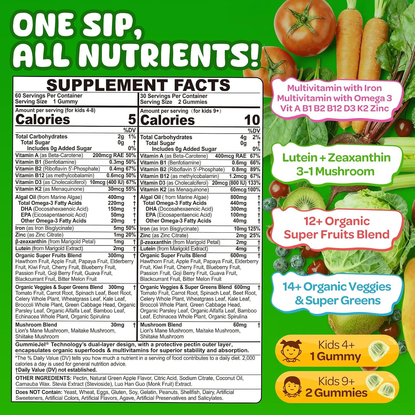 NEVISS Kids Teens Ages 4–17 Multivitamin with Iron Omega3 D3K2, Picky Eater Vitamin Super Greens Gummies, Boys Girls Organic Fruits Veggies Superfood Gummy, Mushroom | Immune Bone Brain, Sugar Free