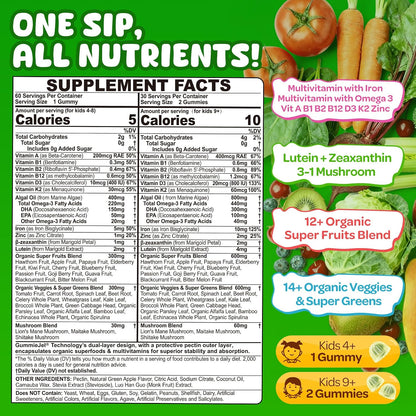 NEVISS Kids Teens Ages 4–17 Multivitamin with Iron Omega3 D3K2, Picky Eater Vitamin Super Greens Gummies, Boys Girls Organic Fruits Veggies Superfood Gummy, Mushroom | Immune Bone Brain, Sugar Free
