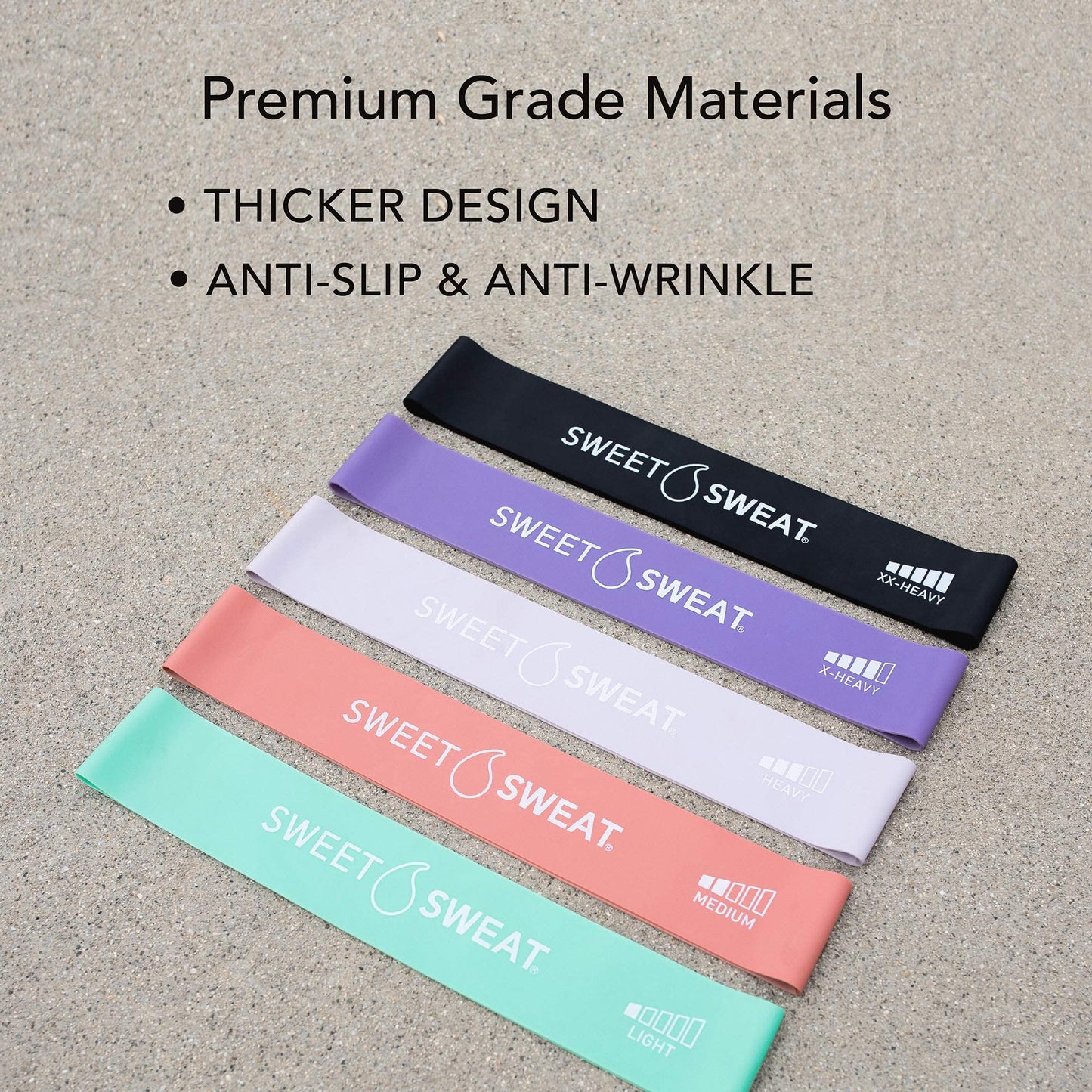 Sweet Sweat Mini Loop Resistance Bands - Set of 5 | Exercise Hip Booty Bands for Squats, Lunges, Physical Therapy, Yoga, Pilates, Rehab & Home or Gym Workouts