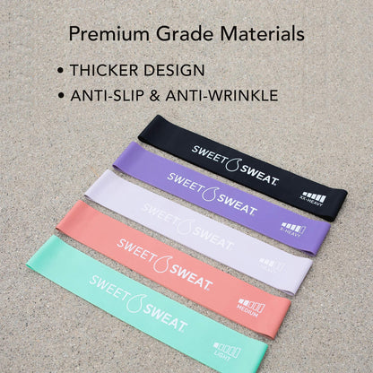 Sweet Sweat Mini Loop Resistance Bands - Set of 5 | Exercise Hip Booty Bands for Squats, Lunges, Physical Therapy, Yoga, Pilates, Rehab & Home or Gym Workouts