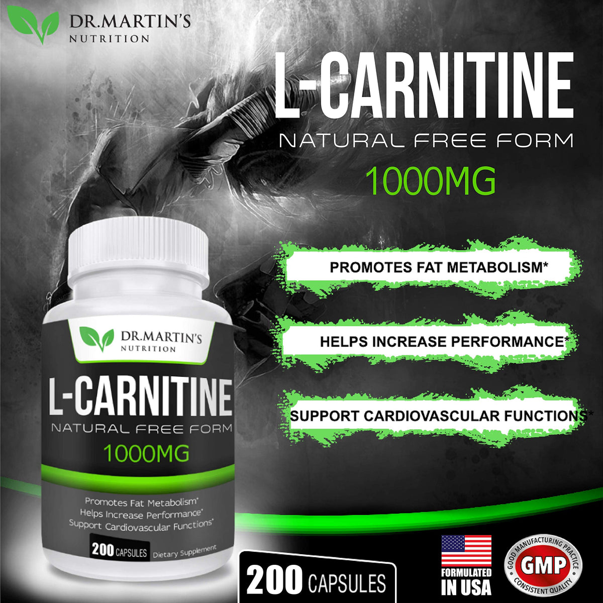 DR. MARTIN'S NUTRITION Extra Strength L-Carnitine - 200 Capsules - 1000mg Per Serving