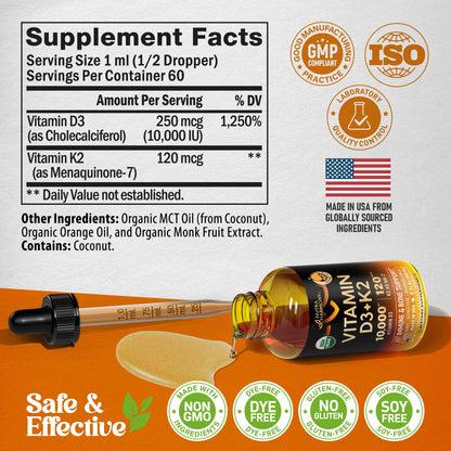 Vitamin D3 K2 USDA Organic Drops - Vitamin D3 10000 IU & K2 as MK-7 120mcg - Immune & Mood Support, Bone & Teeth Health - Sugar-Free, Orange Flavor - Liquid Supplement - 2 FL OZ, 60 Day Supply