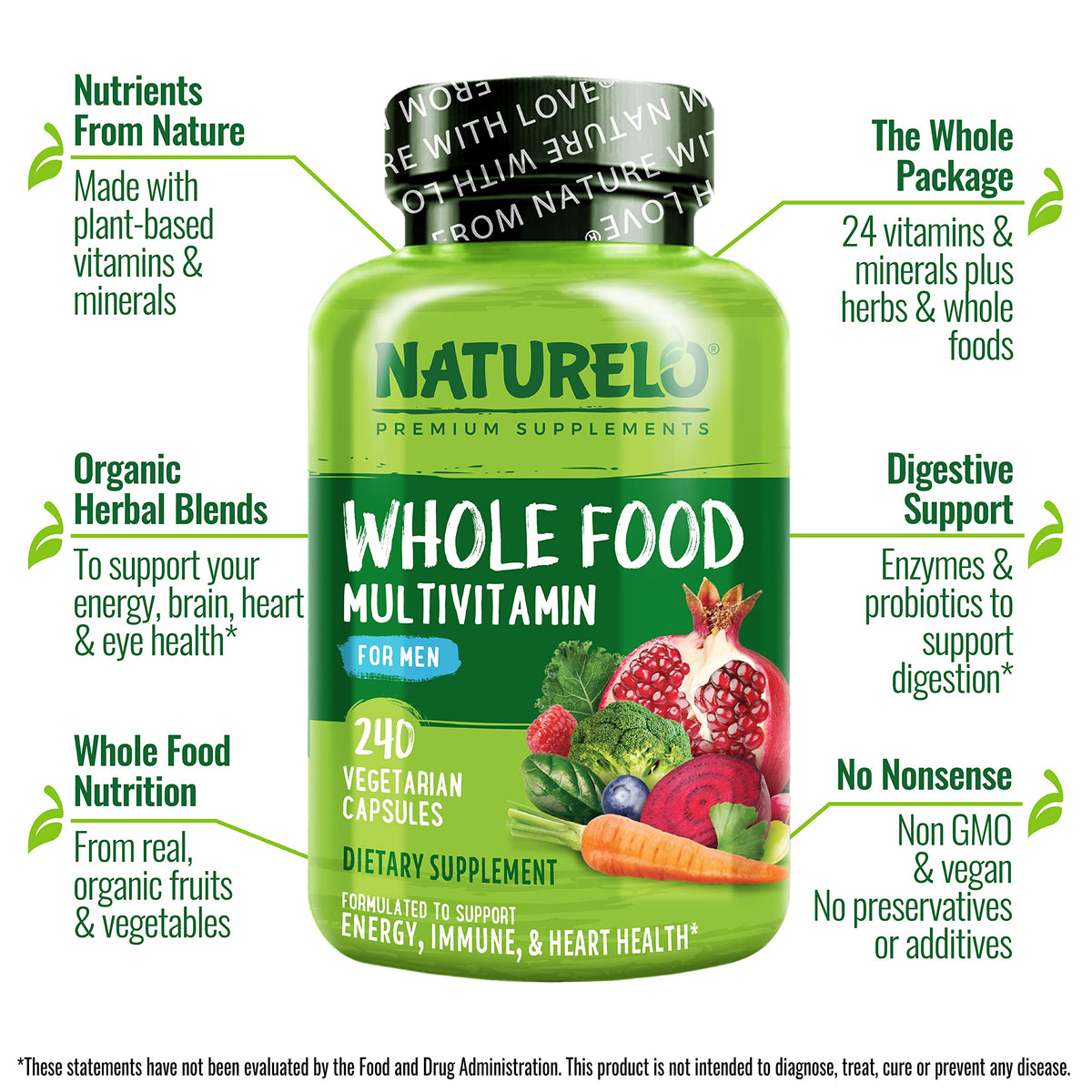 NATURELO Whole Food Multivitamin for Men - Vitamins, Minerals, Antioxidants, Organic