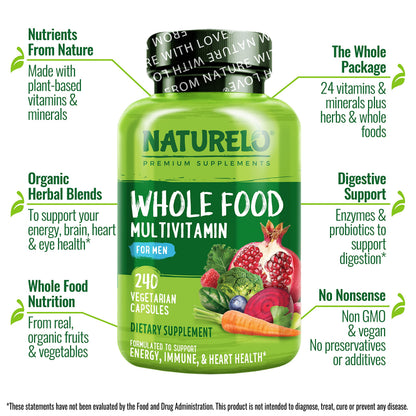 NATURELO Whole Food Multivitamin for Men - Vitamins, Minerals, Antioxidants, Organic