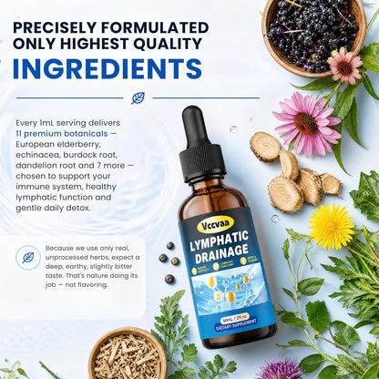 Lymphatic Drainage Drops - Advanced Herbal Liquid Support for Natural Fluid Balance & Immunity - Burdock Root, Elderberry & Calendula - Raspberry Flavor, 2-Month Supply