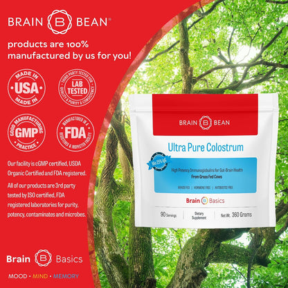 Brain Basics Ultra-Pure Colostrum, 4000mg per Serving, Min 25% IgG antibodies, Gut-Brain-Immune Health, Glowing Hair and Skin. Colostrum Powder from Grass-Fed Cows. 360 Grams - 90 Servings