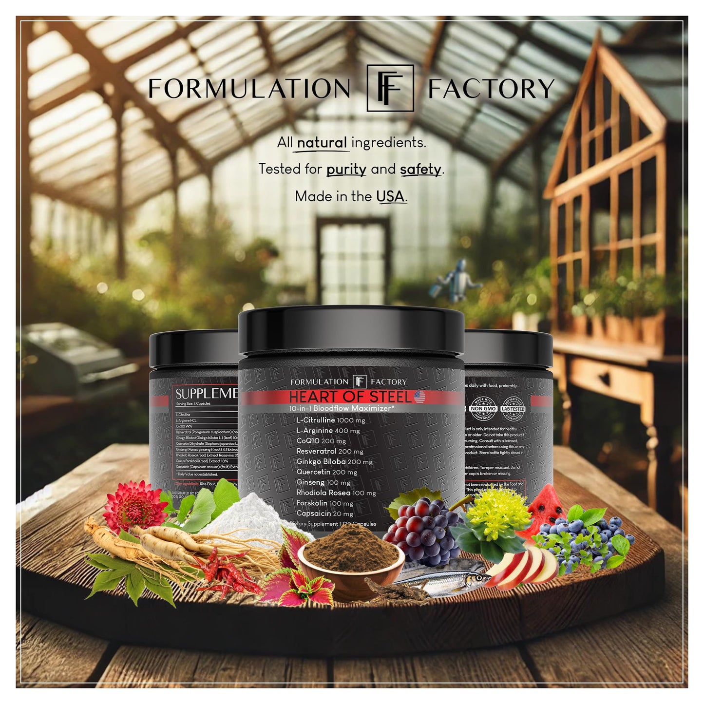 Formulation Factory Heart of Steel Nitric Oxide Supplements for Men & Women, Nitric Oxide Booster for Blood Flow & Circulation with L-Citrulline 1000mg, L-Arginine, CoQ10 & Resveratrol - 120 Capsules