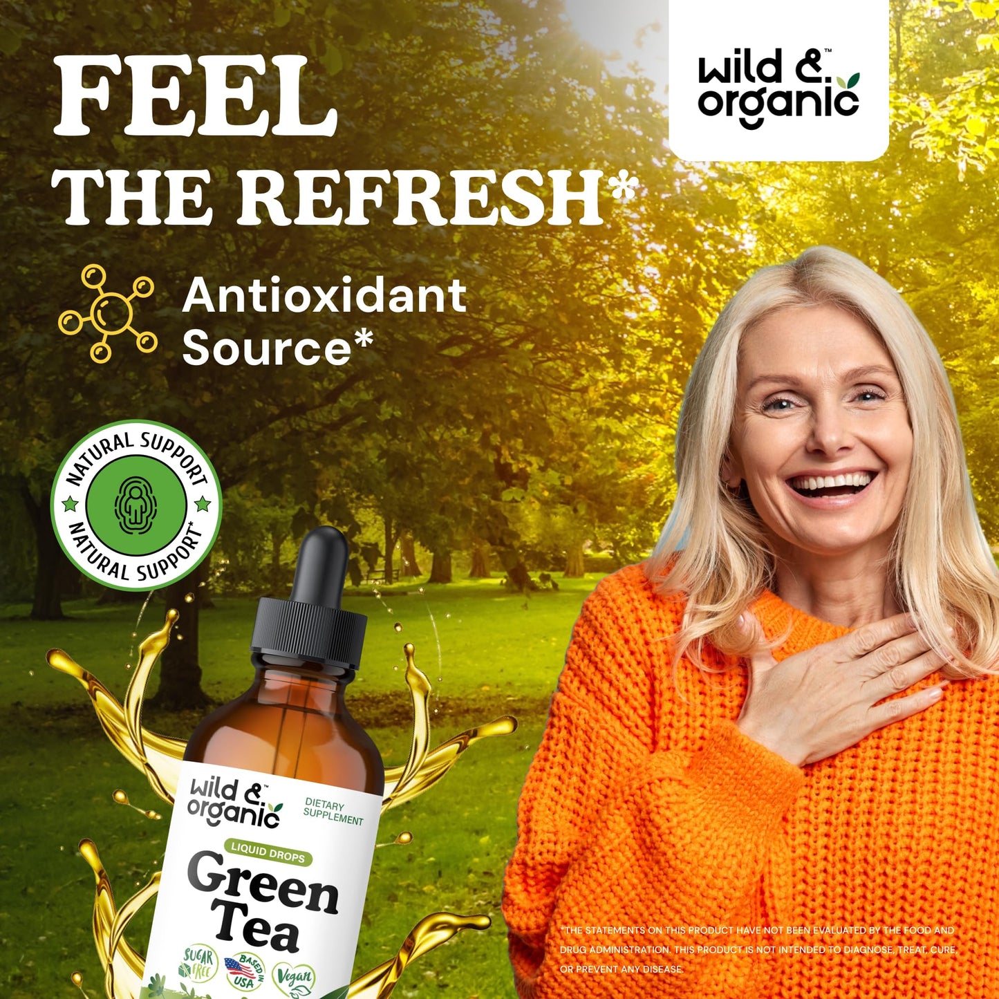 Wild & Organic Green Tea Extract Liquid Drops - Antioxidant Support - Pure Green Tea Supplement - 84-Day Supply - Vegan, Sugar & Alcohol-Free Camellia Sinensis Tincture - 4 fl oz