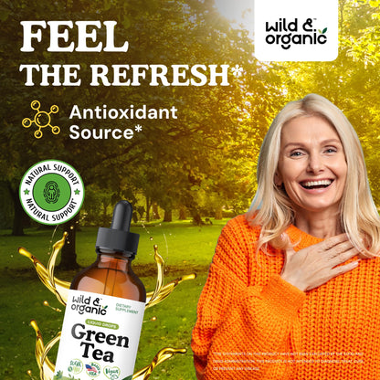 Wild & Organic Green Tea Extract Liquid Drops - Antioxidant Support - Pure Green Tea Supplement - 84-Day Supply - Vegan, Sugar & Alcohol-Free Camellia Sinensis Tincture - 4 fl oz
