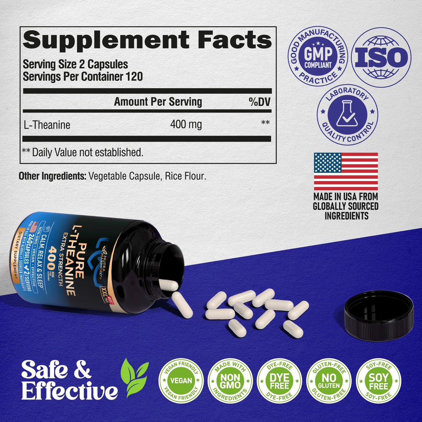 L Theanine 400 mg | L-Theanine Stress Relief | Extra Strength Supplement | Lab Tested | Relaxation, Sleep & Calm Support | For Men & Women | Plant Based, Non-GMO & Gluten-Free | 120 Vegan Capsules