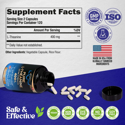 L Theanine 400 mg | L-Theanine Stress Relief | Extra Strength Supplement | Lab Tested | Relaxation, Sleep & Calm Support | For Men & Women | Plant Based, Non-GMO & Gluten-Free | 120 Vegan Capsules
