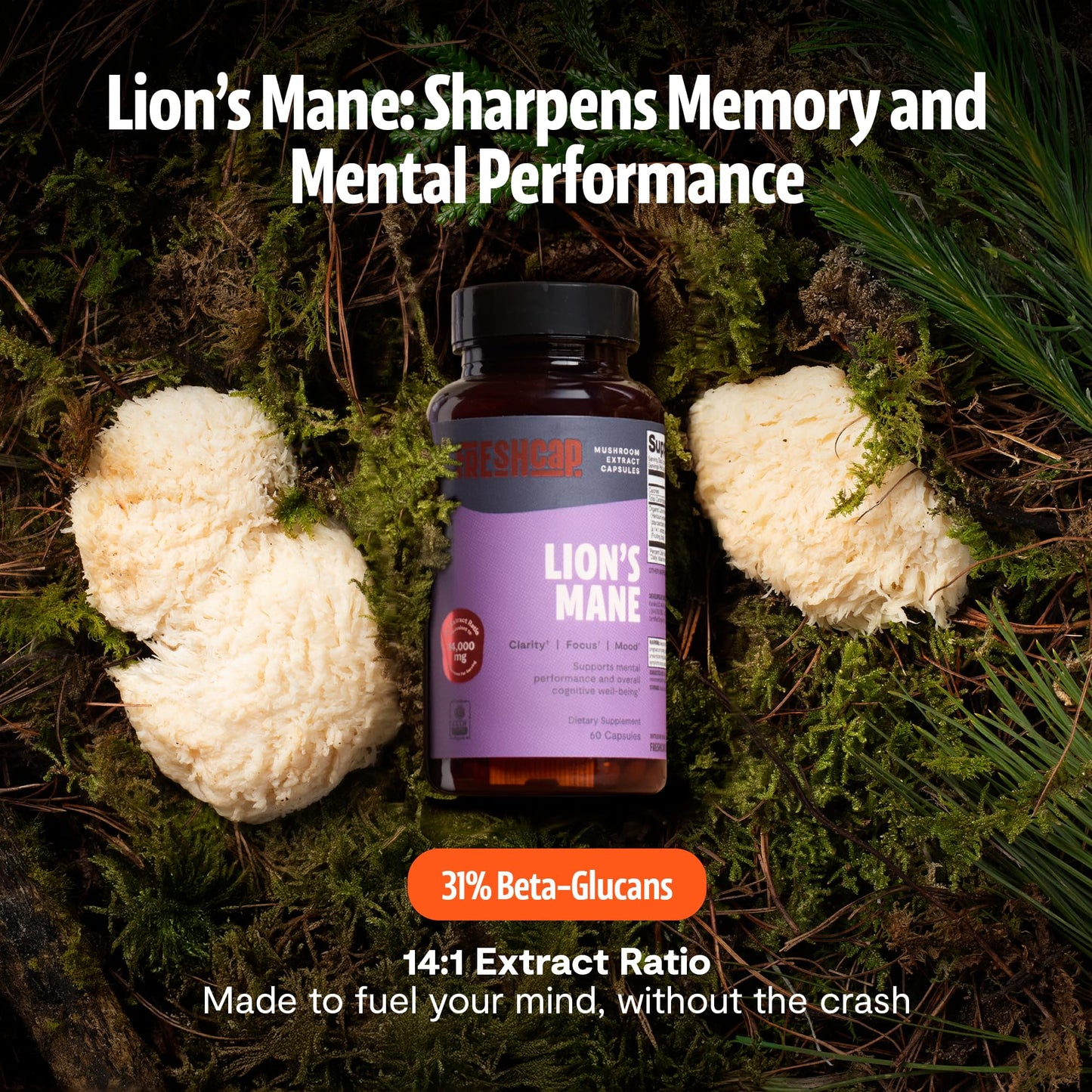 FreshCap Mushrooms Premium Organic Lions Mane Capsules - 14:1 Fruiting Body Extract with 31% Beta-Glucans - 3rd-Party Tested Nootropic for Clarity, Focus & Cognitive Support (120 Capsules)