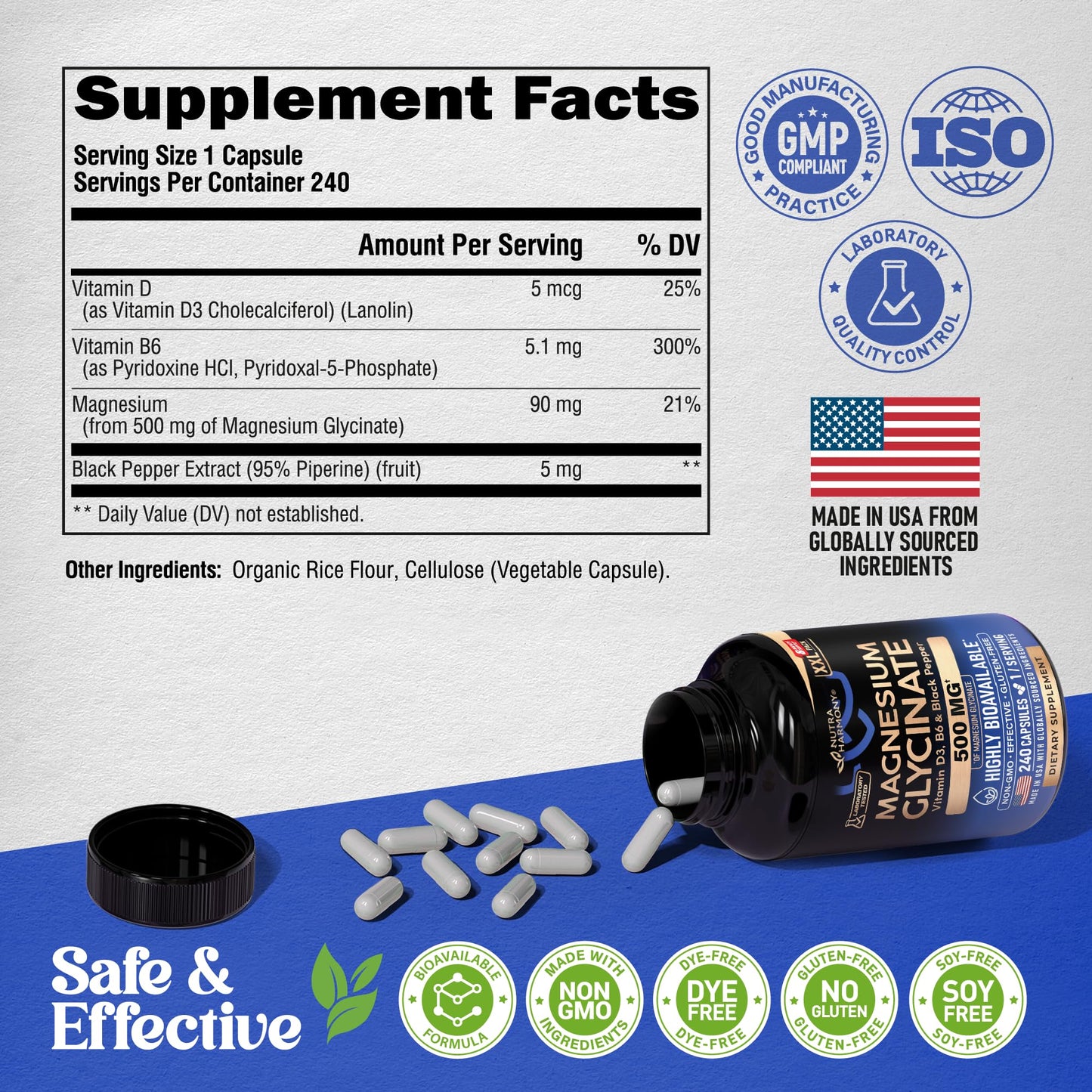 Magnesium Glycinate 500 mg - Chelated Supplement - High Absorption Form of Magnesium - Support for Sleep, Muscle & Heart Health - for Women & Men - Lab Tested & Non-GMO - 240 Capsules