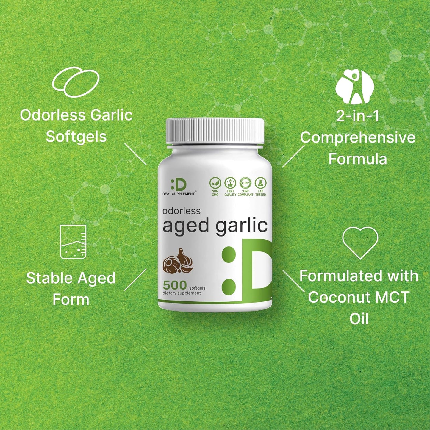 Odorless Aged Garlic, 500 Softgels – Enhanced with MCT Oil - Fresh Allium Sativum Bulb Source – 2-Years Aged Garlic Extract – Non-GMO, cGMP Manufactured