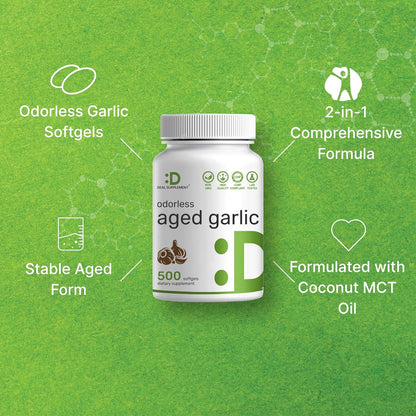 Odorless Aged Garlic, 500 Softgels – Enhanced with MCT Oil - Fresh Allium Sativum Bulb Source – 2-Years Aged Garlic Extract – Non-GMO, cGMP Manufactured