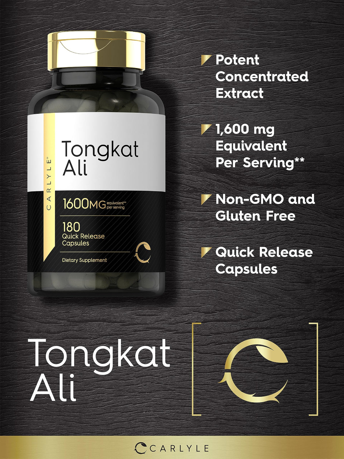 Carlyle Tongkat Ali | 180 Quick Release Capsules | 1,600mg | Non-GMO and Gluten Free