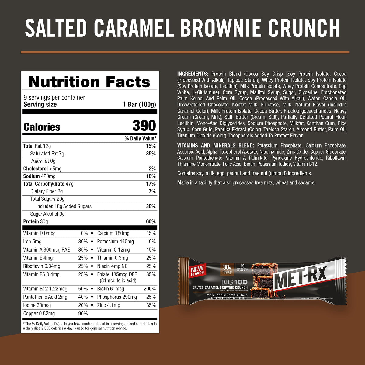 MET-Rx Big 100 Protein Bar, Meal Replacement Bar, 30G Protein, Salted Caramel Brownie