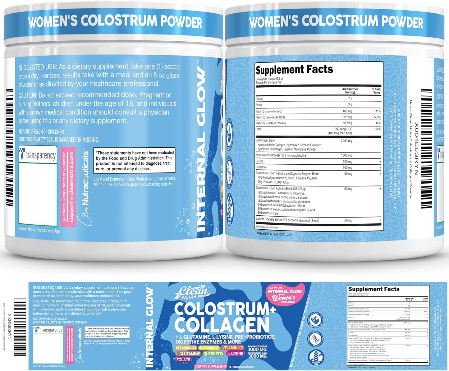 Bovine Colostrum Powder + Collagen Peptides with L-Glutamine L-Lysine Prebiotics Probiotics Digestive Enzymes Vitamin D K2 C Quercetin & Folate | Gut Health Supplement Internal Glow By Clean Nutra