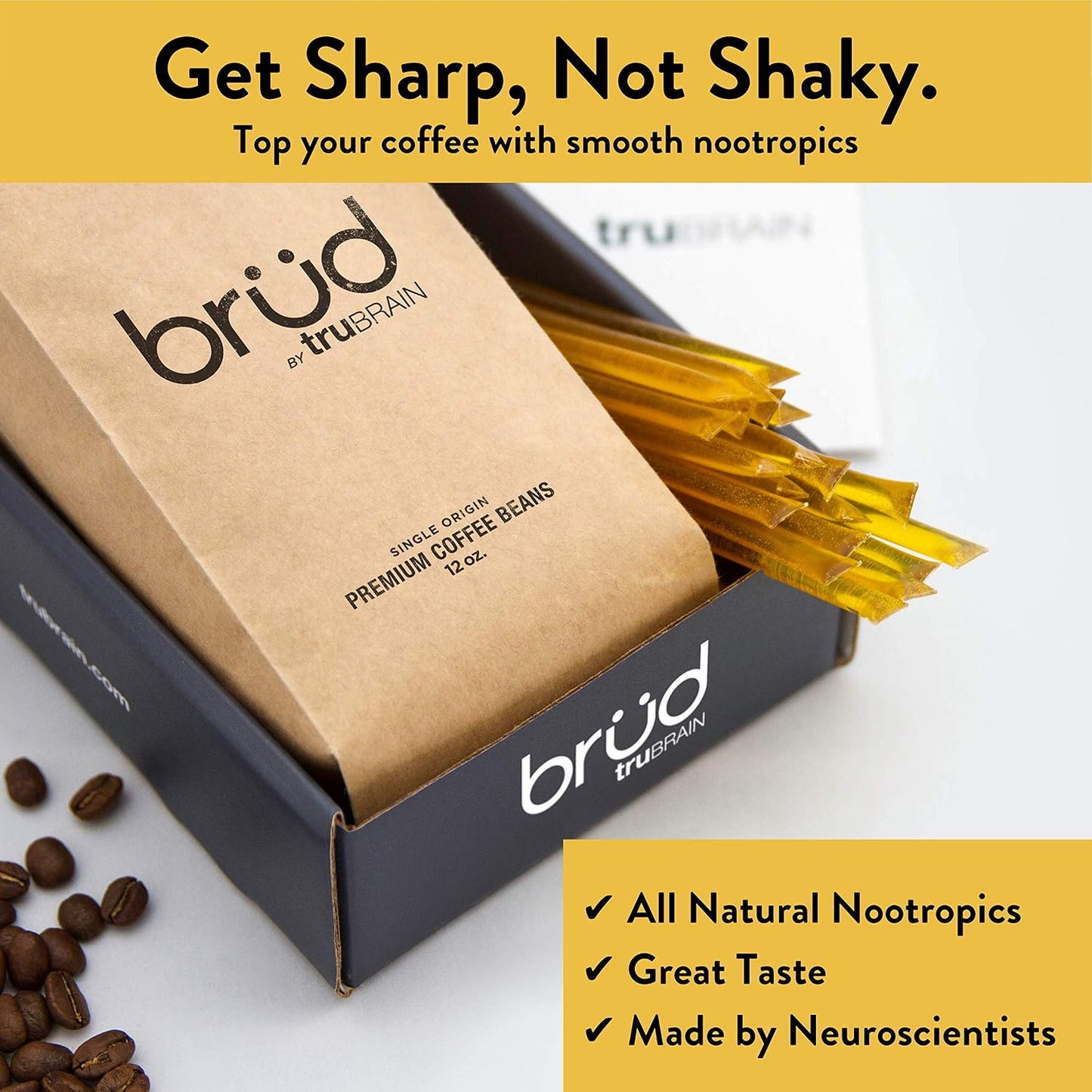 TruBrain Nootropic Coffee Enhancer - Focus, Energy, Clarity. Fast Absorbing Nootropics | Brain Boosters | Improve Memory | Stop Procrastination