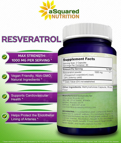 100% Natural Resveratrol Supplement - 1000mg Per Serving - 180 Capsules | Max Strength Antioxidant Polyphenols Complex - Trans-Resveratrol Pills for Heart Health - Pure Formula - 500mg Per Capsule