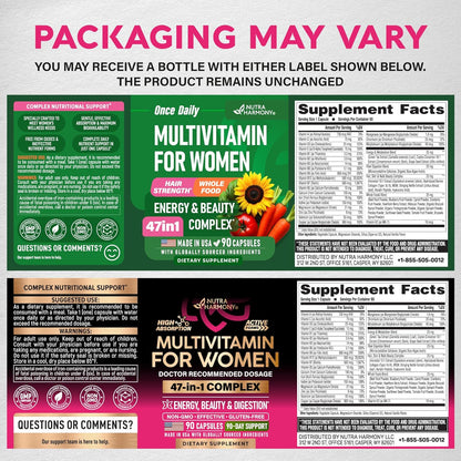 Multivitamin for Women - B-Complex | Whole Foods | Hair Growth Support | Digestion & Metabolism | Iron - 47in1 Womens Multivitamin - Bioavailable & Gentle on Stomach - 90 Capsules, 3 Month Supply
