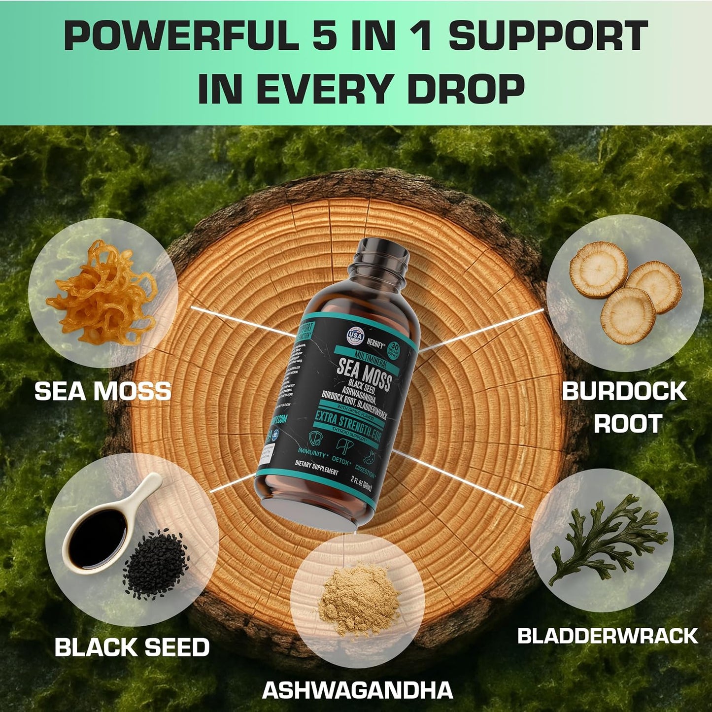 Thyroid Support Supplement with Sea Moss, Bladderwrack, Ashwagandha, Black Seed & Burdock Root - Natural Iodine for Healthy Thyroid Function, Energy & Metabolism - Grape Flavor, 2 Fl Oz, Made in USA