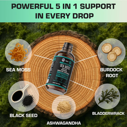 Thyroid Support Supplement with Sea Moss, Bladderwrack, Ashwagandha, Black Seed & Burdock Root - Natural Iodine for Healthy Thyroid Function, Energy & Metabolism - Grape Flavor, 2 Fl Oz, Made in USA
