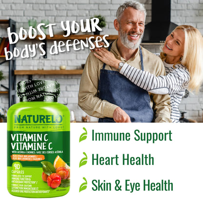 NATURELO Vitamin C with Organic Acerola Cherry Extract and Citrus Bioflavonoids - Vegan Supplement - Immune Support - 500 mg VIT C per Cap - Non-GMO - 90 Capsules