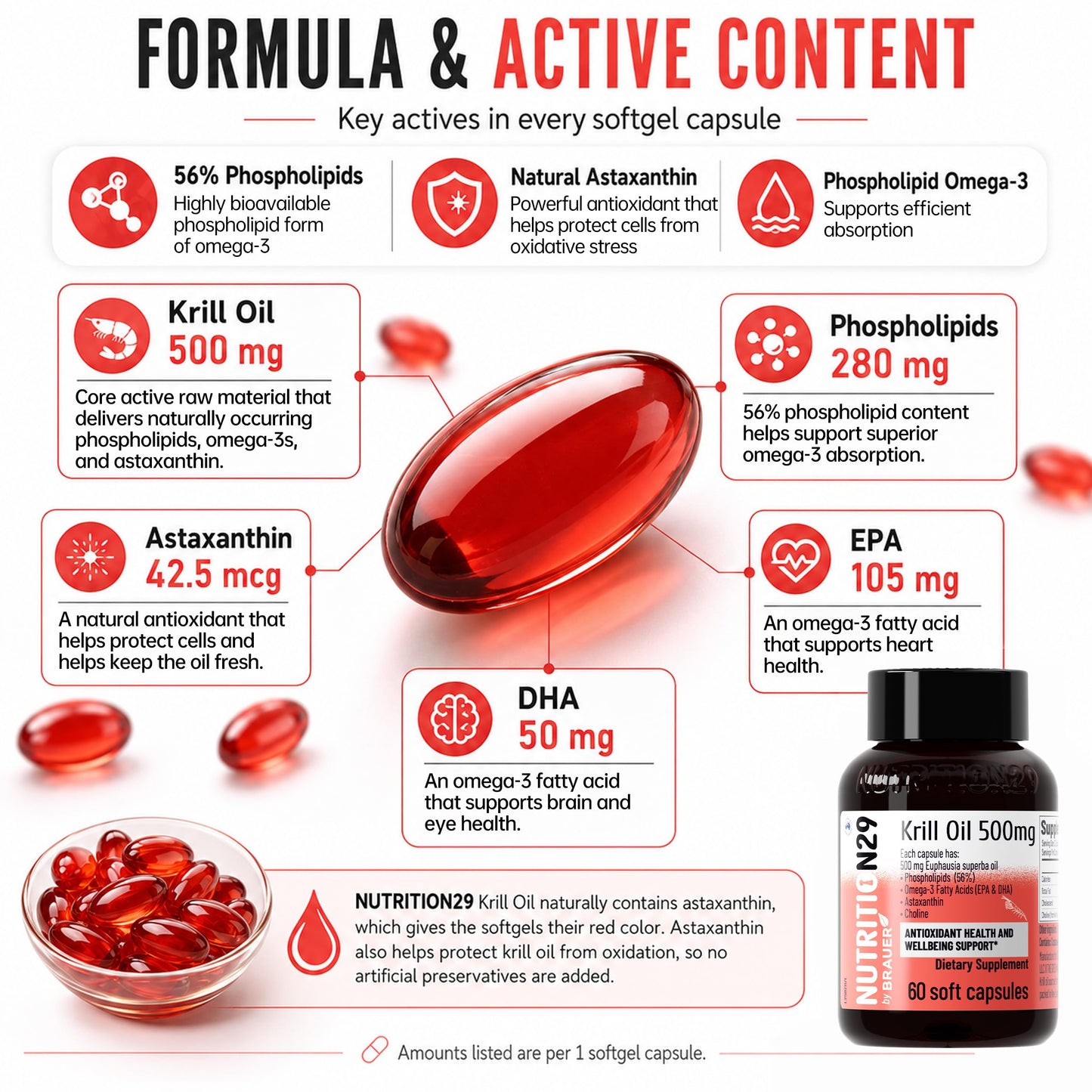 N29 Antarctic Krill Oil 500mg,60 softgels,Omega 3 Supplements with EPA,DHA | Astaxanthin,Phospholipid for Heart Brain Joint Skin Support,No Fishy Burps,Non-GMO, Gluten-Free