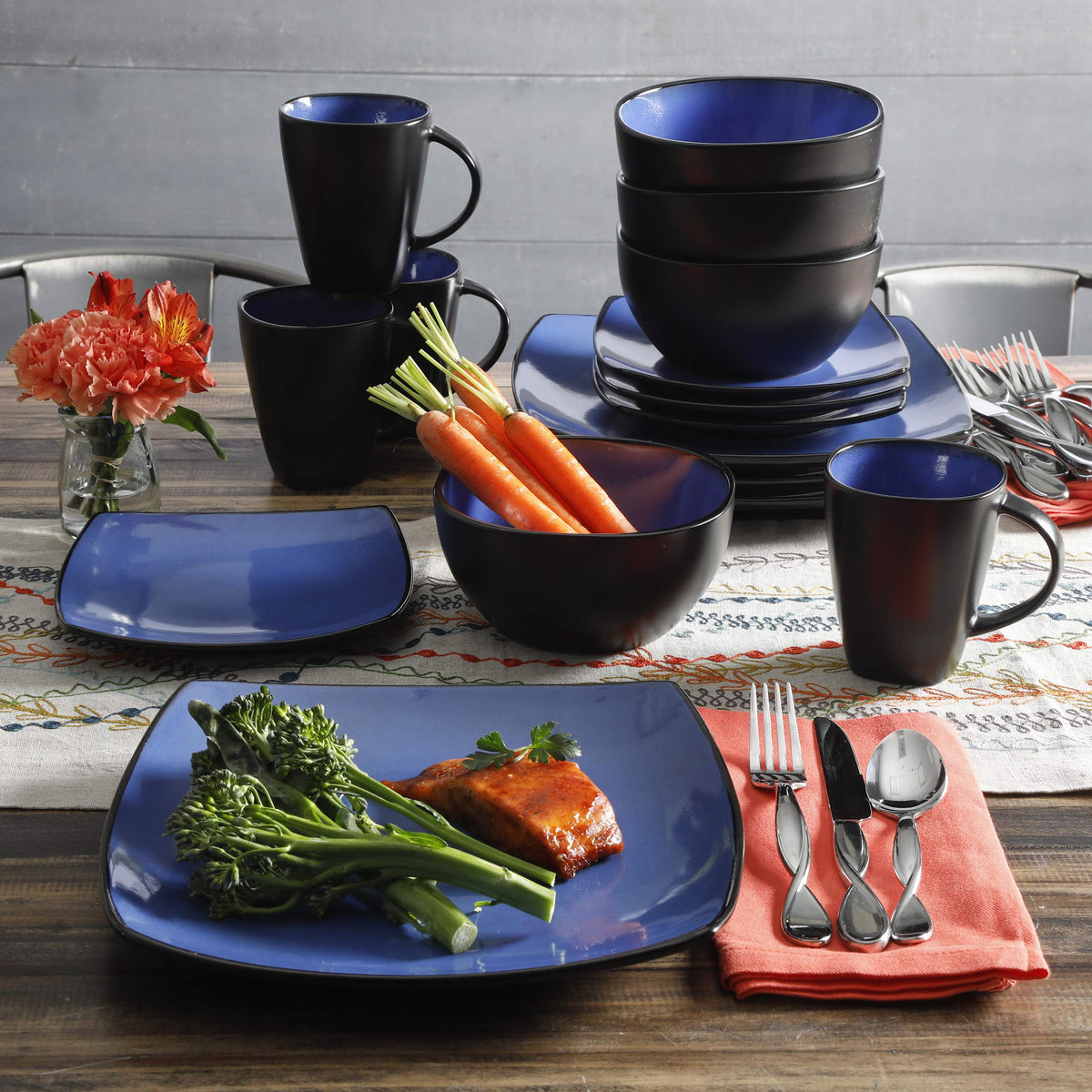 Gibson Soho Lounge Square Reactive Glaze Stoneware Dinnerware Set, Service for 4