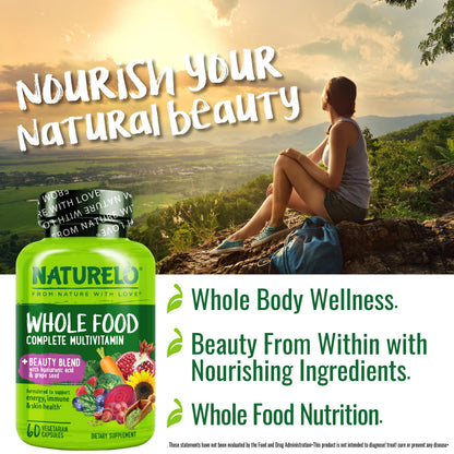 NATURELO Whole Food Multivitamin with Extra Hair, Skin and Nails Support - Beauty Blend with Hyaluronic Acid & Grape Seed - High Potency Biotin, Vitamin C, and Glutathione - 60 Vegan Capsules