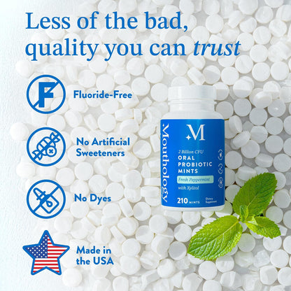 Mouthology Oral Probiotics for Mouth Bad Breath with Xylitol (210 Count Mints), Dental Probiotic, Mouth Probiotics Bad Breath Treatment and Gums