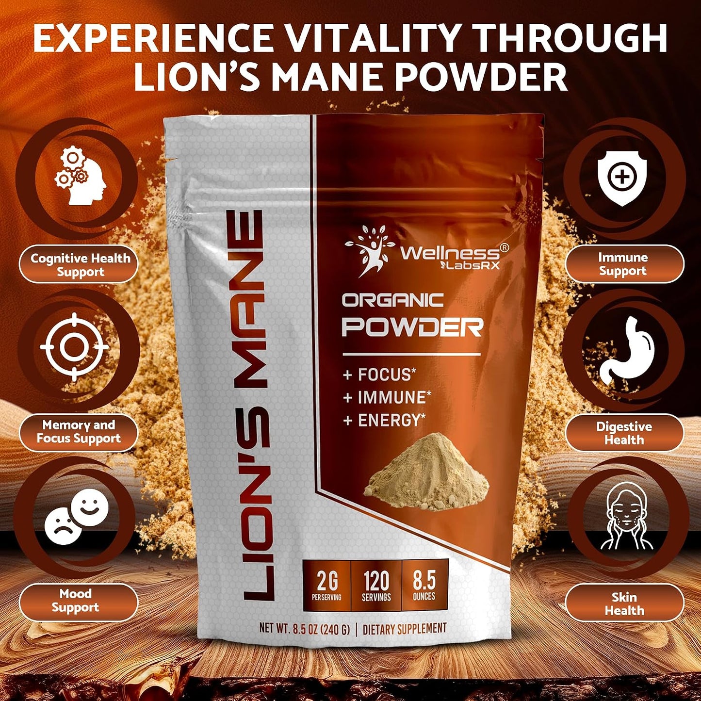 WELLNESS LABSRX Lions Mane Powder, Mushroom Supplement - 2000mg - Lions Mane Supplement - Lion's Mane Mushroom Powder Brain Supplements for Memory and Focus, Immune Support and Health - 120 Servings