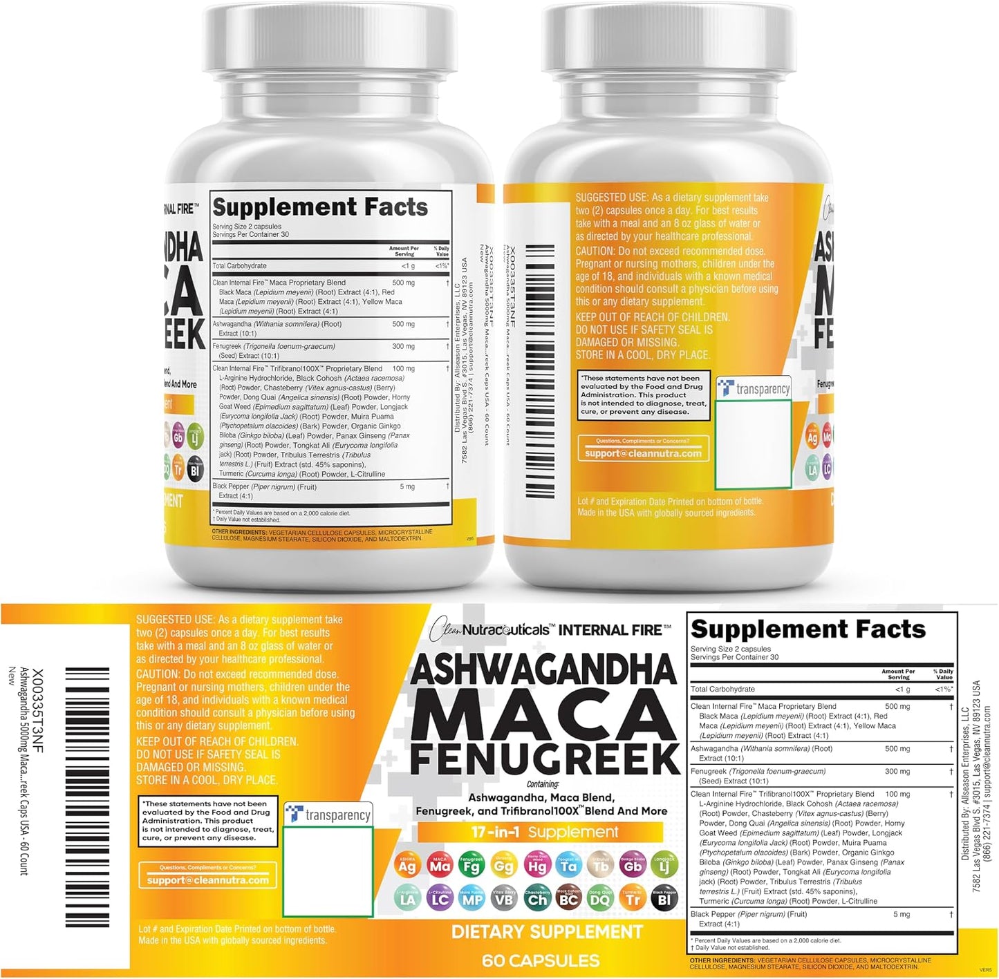 Clean Nutraceuticals Ashwagandha Maca Root Fenugreek Supplement with Tongkat Ali Ginseng - Assists with Stress, Mood & Thyroid - Ashwagandha Capsules Fenugreek Caps