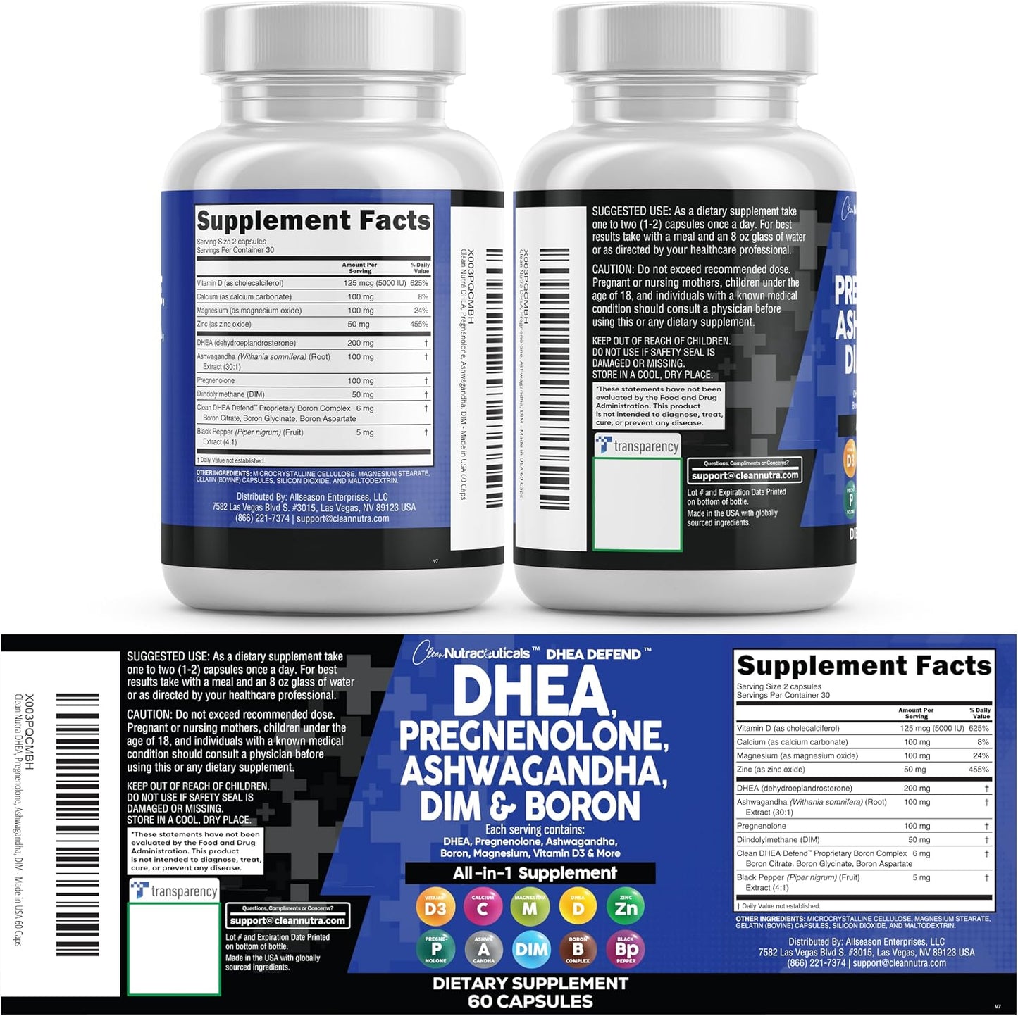 DHEA 200mg Supplement Pregnenolone 100mg for Men & Women with DIM Ashwagandha Boron 6mg Complex Calcium Magnesium Zinc 50mg Vitamin D3 5000 IU Hormone Support Capsules Pills Made in USA 60 Count