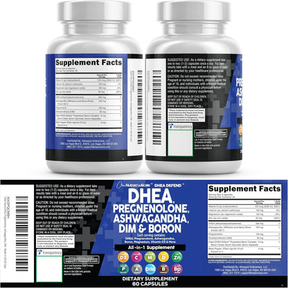 DHEA 200mg Supplement Pregnenolone 100mg for Men & Women with DIM Ashwagandha Boron 6mg Complex Calcium Magnesium Zinc 50mg Vitamin D3 5000 IU Hormone Support Capsules Pills Made in USA 60 Count