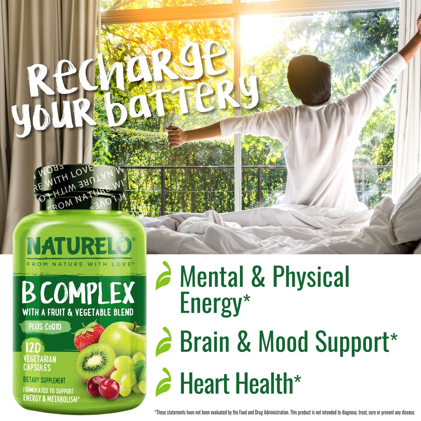NATURELO Vitamin B Complex,120 Capsules, Vegan, CoQ10, Methyl Folate, Biotin, Fruit & Veg Blend, Supports Energy and Healthy Stress Response, Super B Complex Vitamins for Women and Men