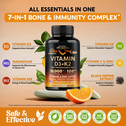 Vitamin D3 K2 - Vitamin D3 10000 iu & K2 as MK-7 120 mcg - Immune & Mood Support, for Bone & Teeth Health - with Magnesium, Zinc & Vitamin C & B12 - Highly Bioavailable - Gluten Free, 120 Capsules