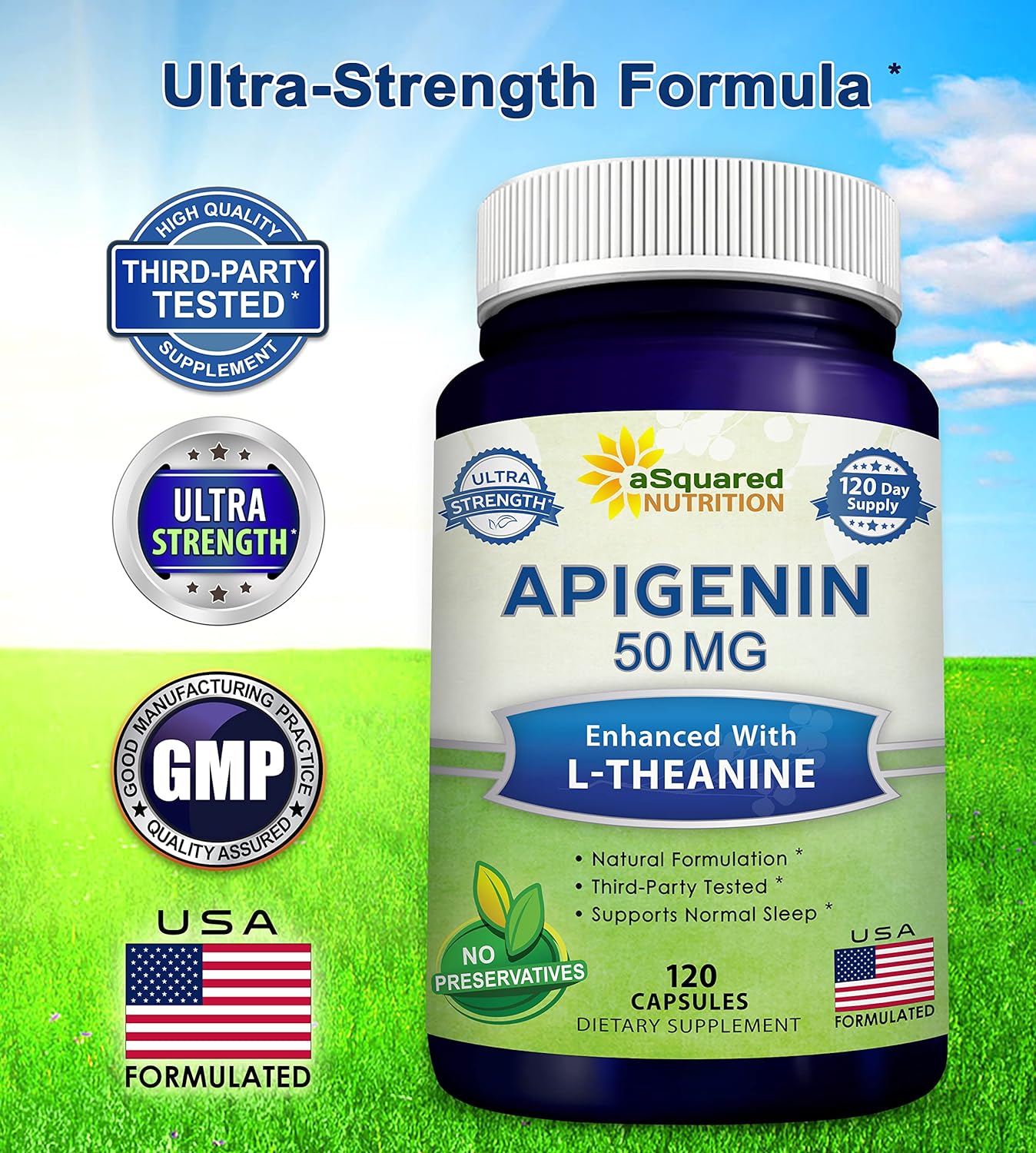 aSquared Nutrition Apigenin 50mg & L-Theanine 200mg - 120 Capsules - Apigenin Supplement Pills for Sleep and Relaxation - Natural Bioflavonoid Extract Found in Chamomile Tea | Apigenin Supplement Pills for Relaxation - Natural Bioflavonoid Extract Powder
